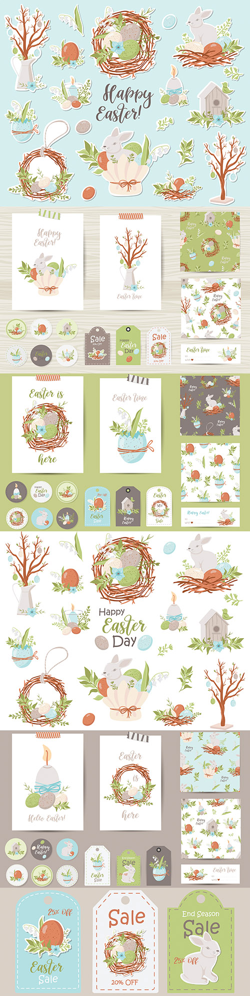 Happy Easter funny rabbit stickers and holiday elements

