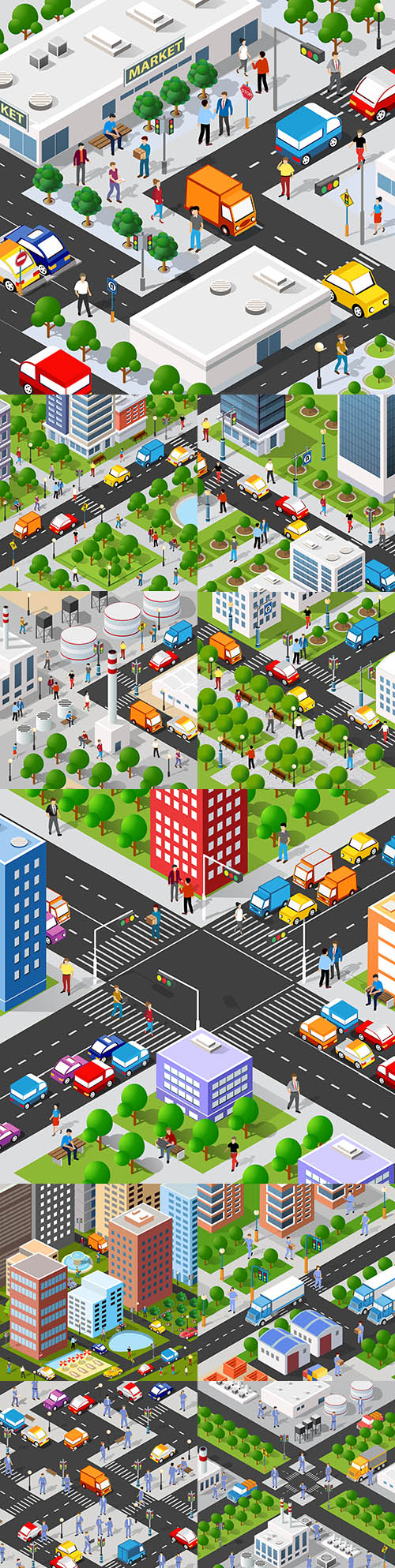 Isometric 3d illustration of the city block with houses and streets
