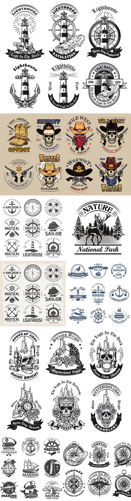Marine world and Wild West set of labels and logos
