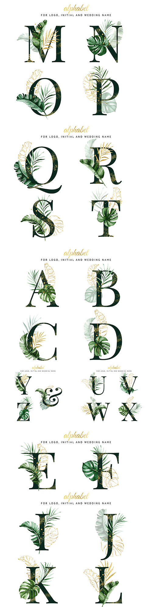 Decorative alphabet with tropical leaves for inviting design
