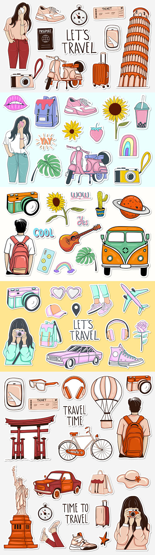 Tourism and recreation collection of colorful painted stickers
