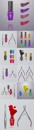 Varnish bright colors and set accessories for manicure 3d illustration