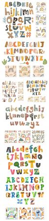 Scandinavian alphabet and seamless background set of elements