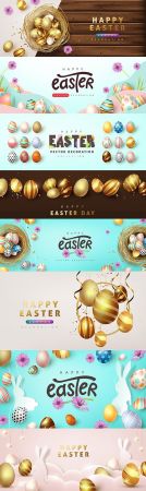 Easter banner template with luxurious gold and colored eggs