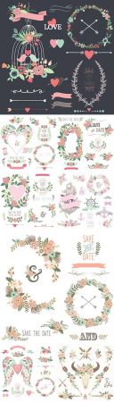 Vintage floral composition and old floral wreath and elements