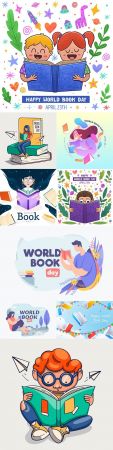 World Book day collection of illustrations flat design and watercolor