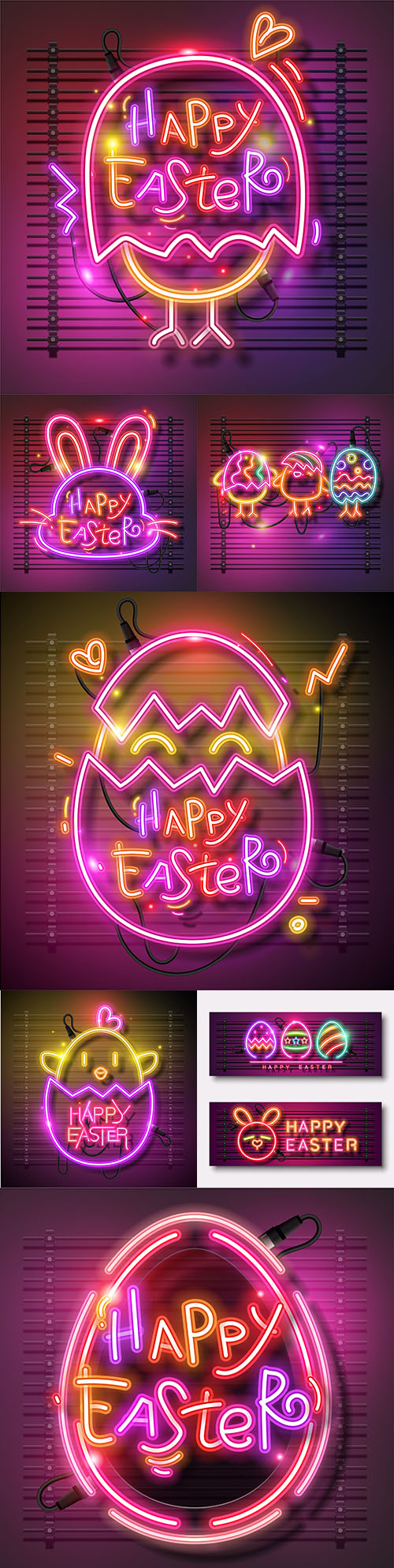 Happy Easter design banner with neon eggs illustration
