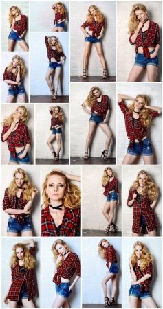 Sexual blonde girl in jeans shorts and checkered shirt alluring by a brick wall   Beauty fashion, 18xUHQ JPEG