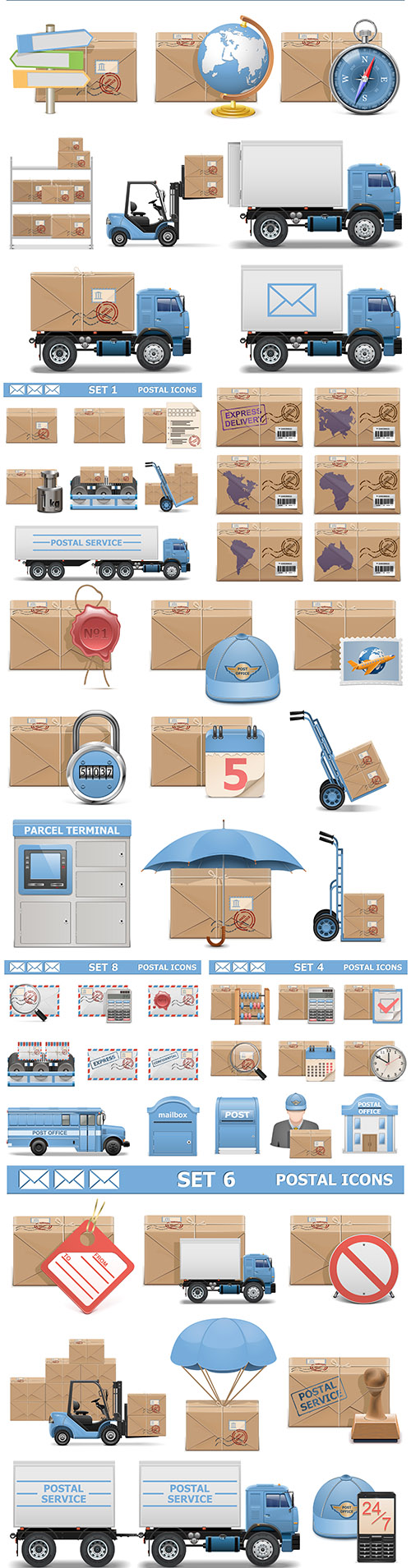 Mail icons and logistics delivery realistic design set

