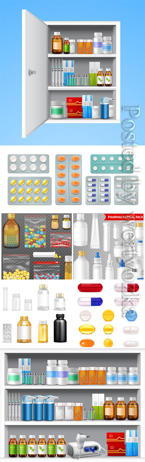 Medical drugs in vector, bottles with pills and medicines