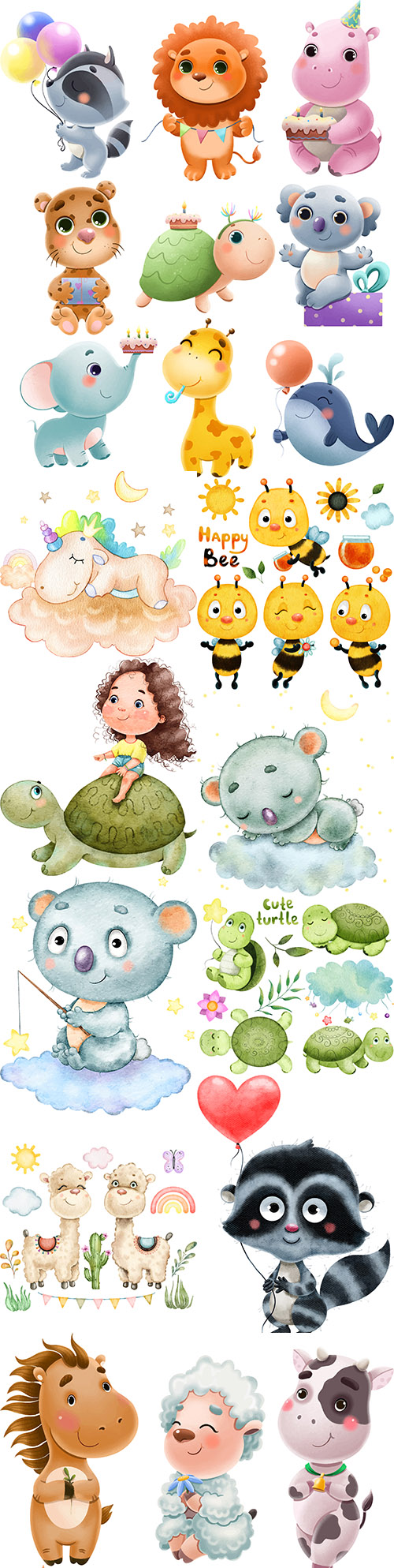 Watercolor illustration cute beautiful girl and funny animals 
