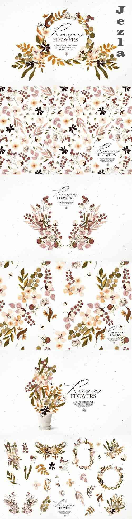 Renesans Flowers - gouache clipart - 6134567