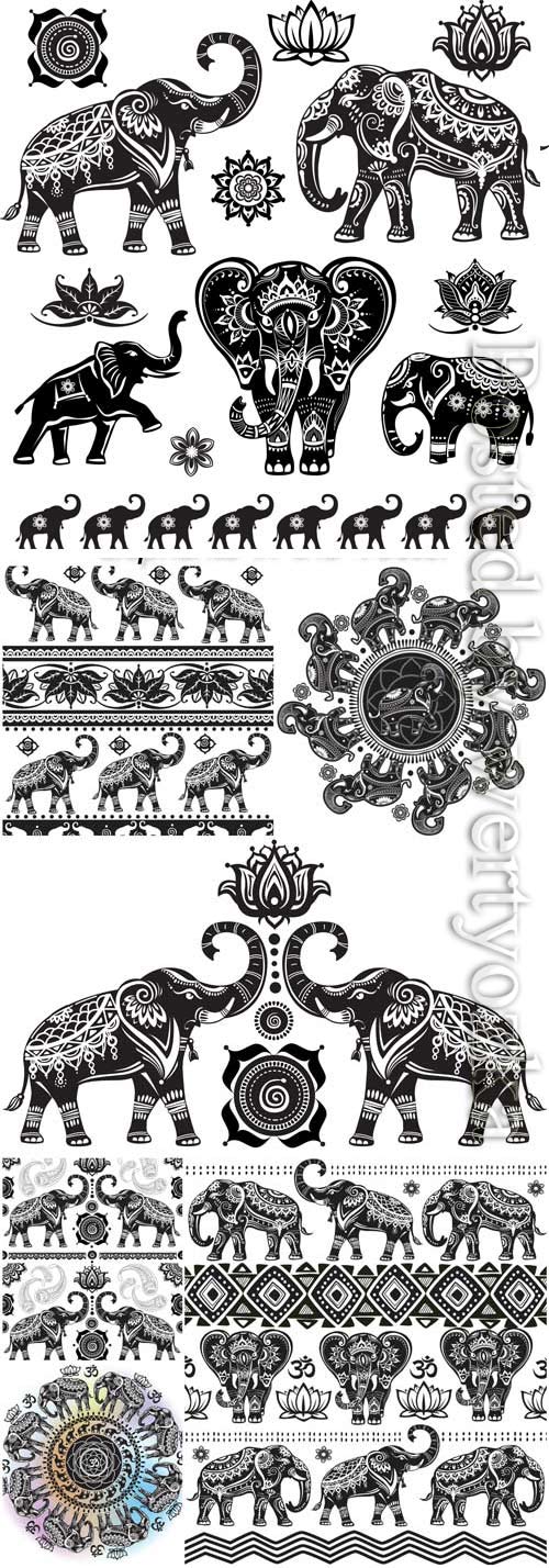 Indian patterns and elephants in vector