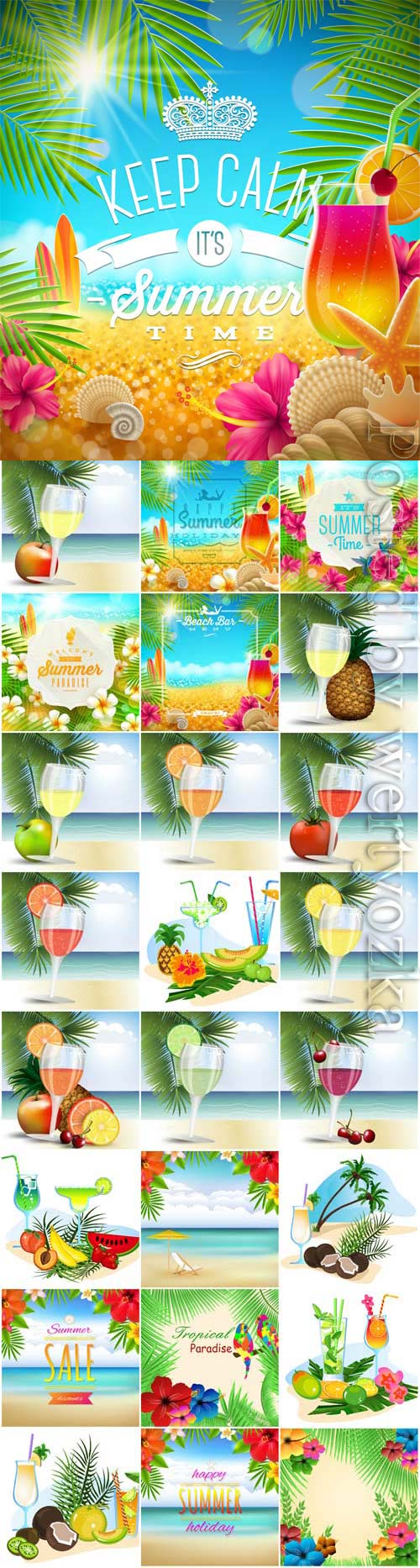 Summer vacation, sea, palm trees, cocktails in vector vol 21
